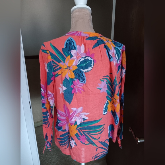 Old Navy~Relaxed Tie Cuff Linen Blend Tropical Orange Blouse - Picture 10 of 15